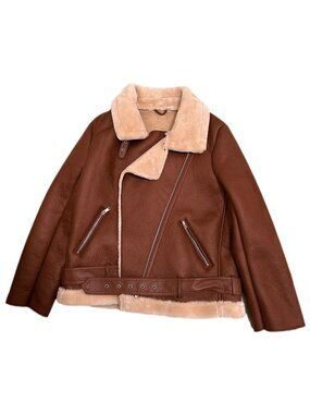 Winter Faux Leather Sherpa Lined Jacket Biker Moto Coat, Women Medium, Tan